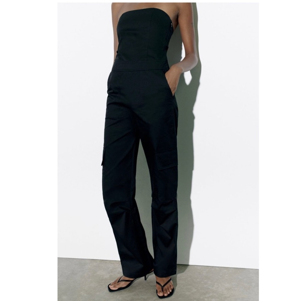 Zara / Long Black Cargo Jumpsuit